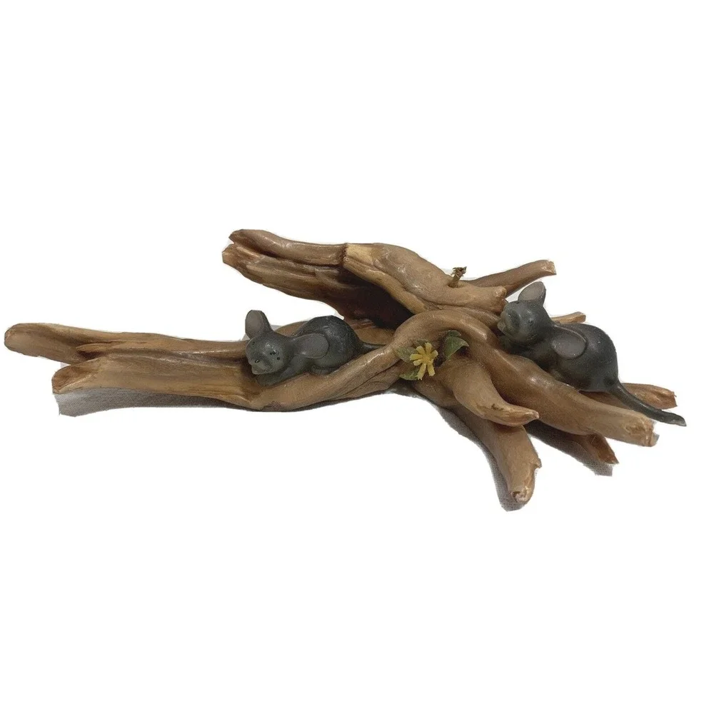 Sculpted Candle Two Mice on Logs in Forest Wax Vintage MCM Plastic Flower 9 inch